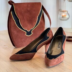 Rare Vintage 80s Bally Brown & Black Suede Heels & Matching Purse Set Size 7.5M